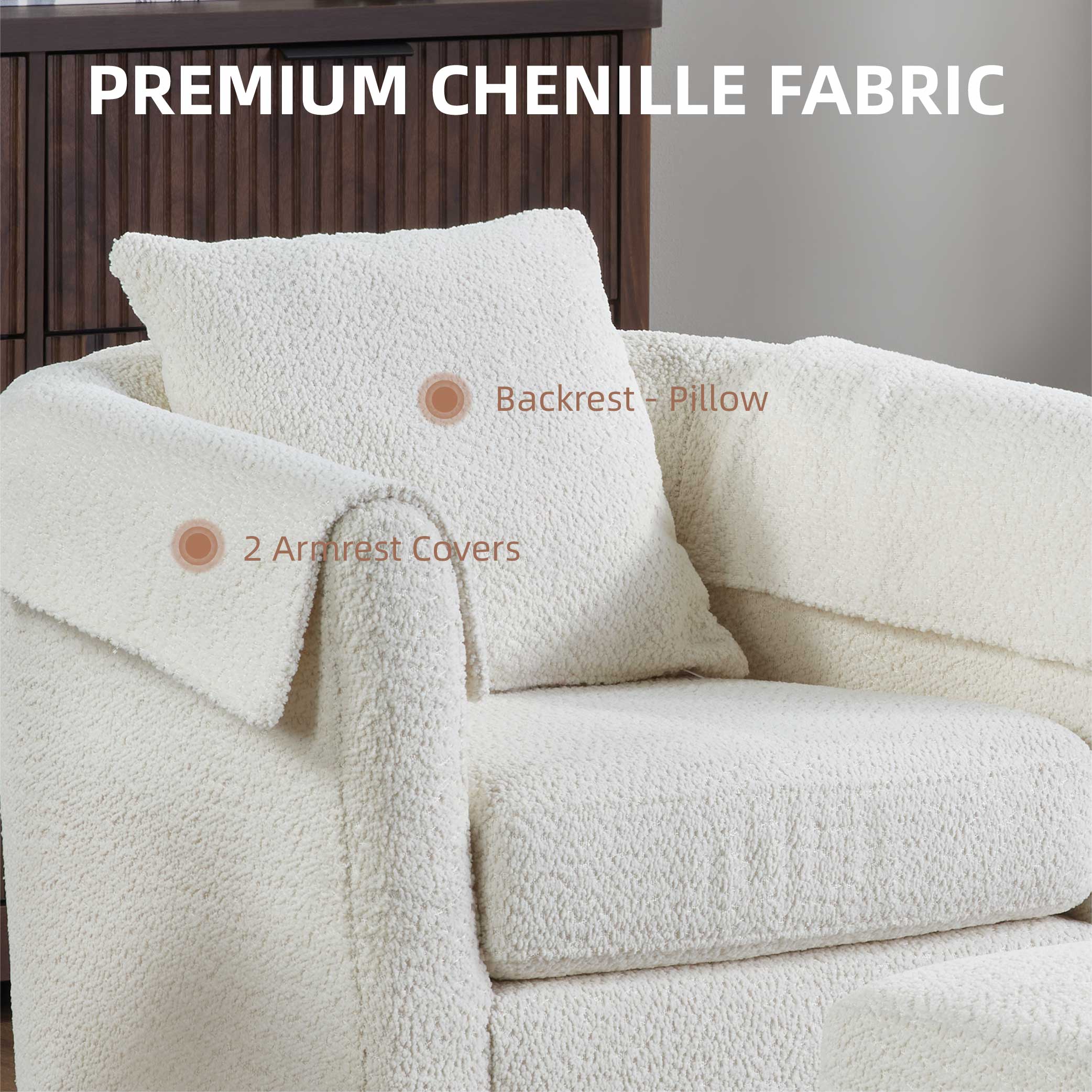 Swivel Accent Chair with Ottoman Set, Modern Chenille Barrel Armchair with Removable Back Pillow & 2 Armrest Covers for Living Room, Bedroom, Office, White